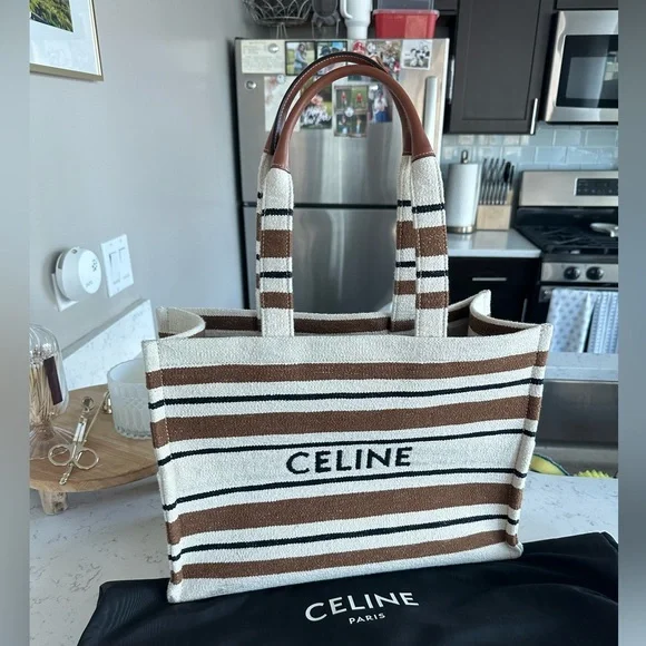 CELINE｜POUCHES (LARGE CABAS CELINE IN STRIPED TEXTILE W Large Cabas Thais in STRIPED TEXTILE AND CALFSKIN